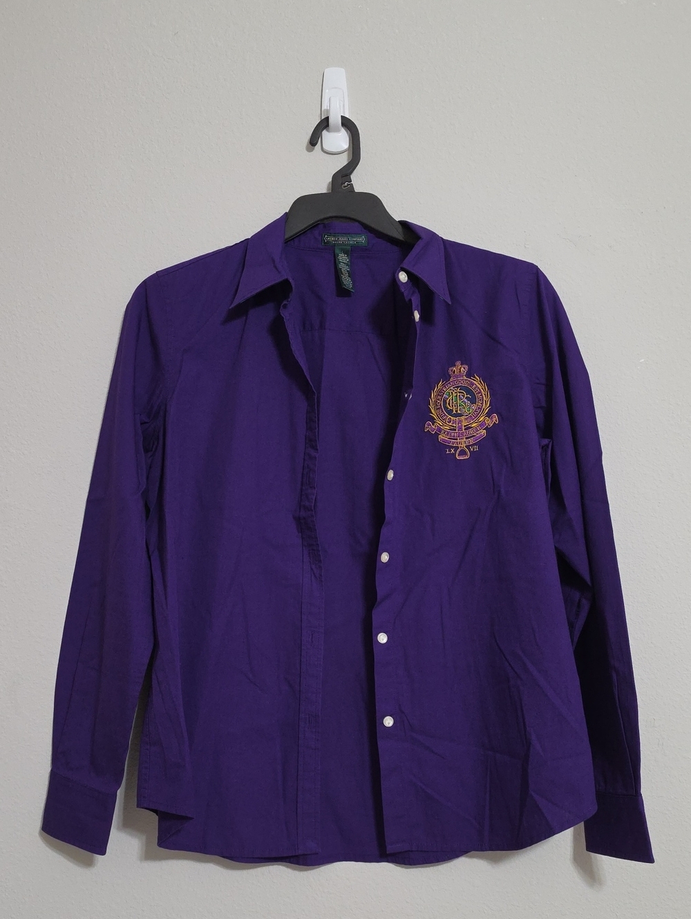 Lauren Ralph Lauren Purple Gold Button Down Shirt Embroidered Crest Size L